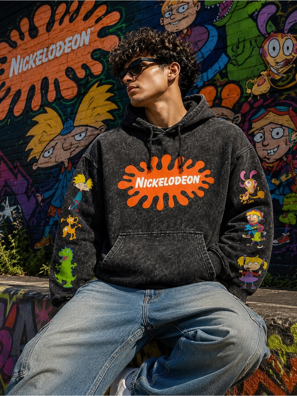 Nickelodeon Black Hoodie with Orange Logo and Multicolor Character Prints